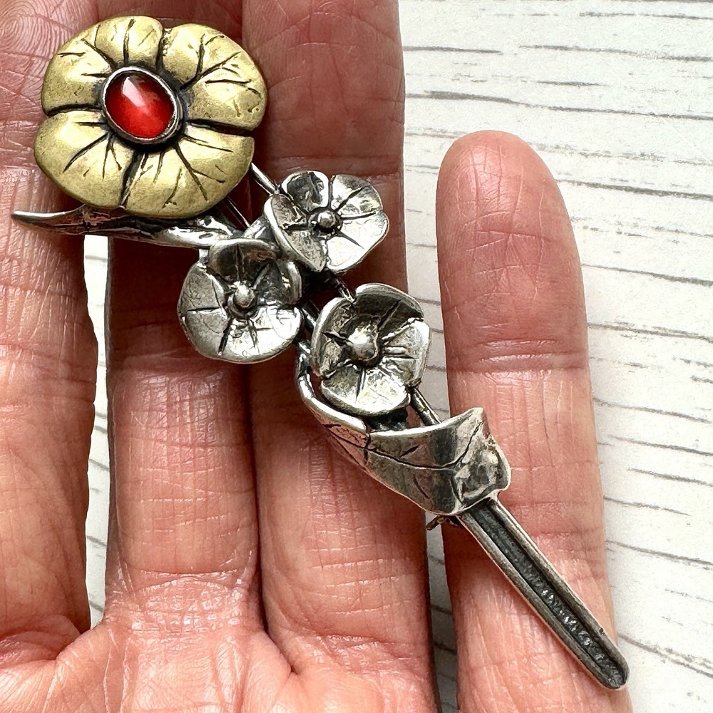 VTG Flower Brooch Red Carnelian 925 Sterling Silver 3in Bouquet 13g Artist Made
